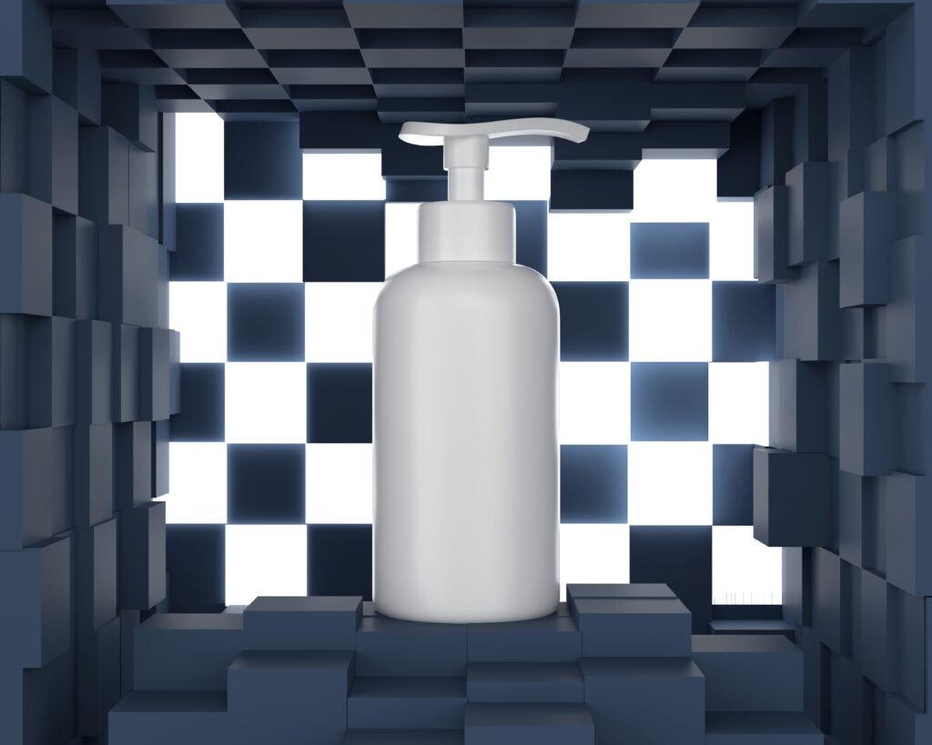 Shampoo bottles in shower niche