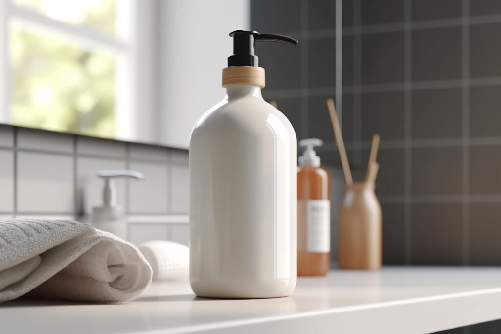 Shampoo bottles in shower niche