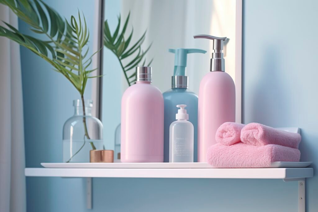 Shampoo bottles in shower niche